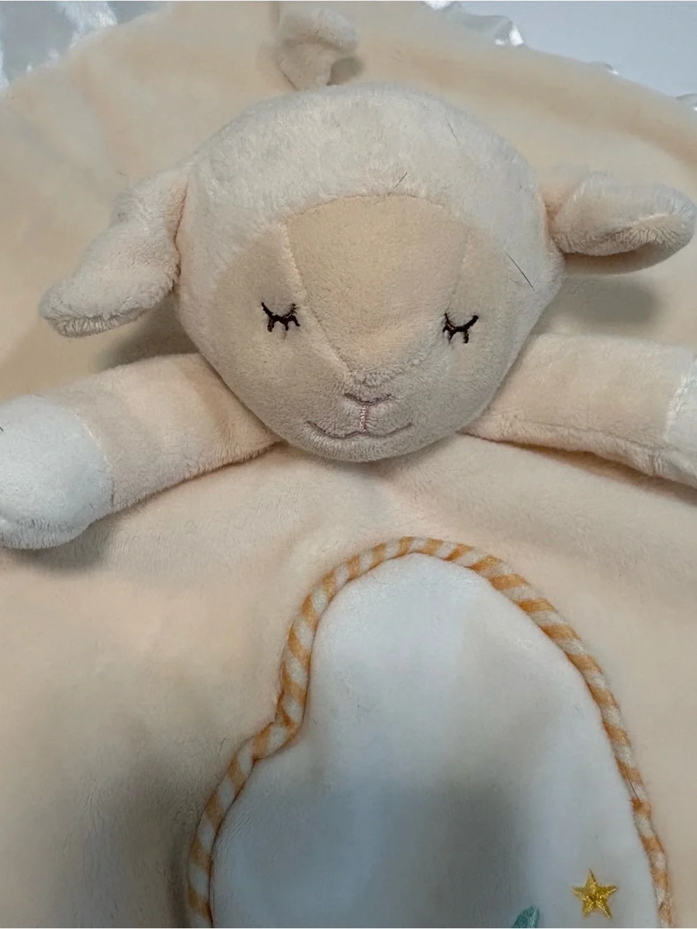 Douglas Baby Lovey Lamb Cream Security Blanket Sheep‎ Satin Trim Moon Stars 14”